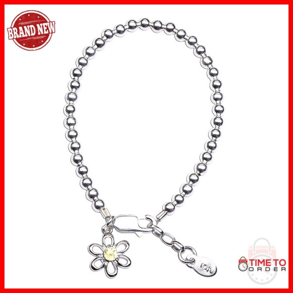 Sterling Silver Beaded Bracelet with Birthstone Daisy Charm for Girls
